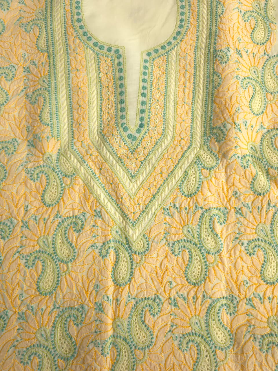 Creamy Lemon Color cotton suit with Contrast chikankari