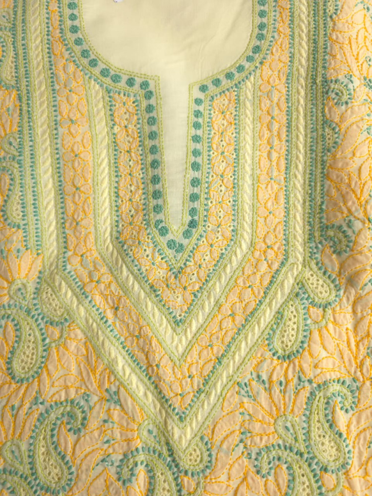 Image of Creamy Lemon Color cotton suit with Contrast chikankari