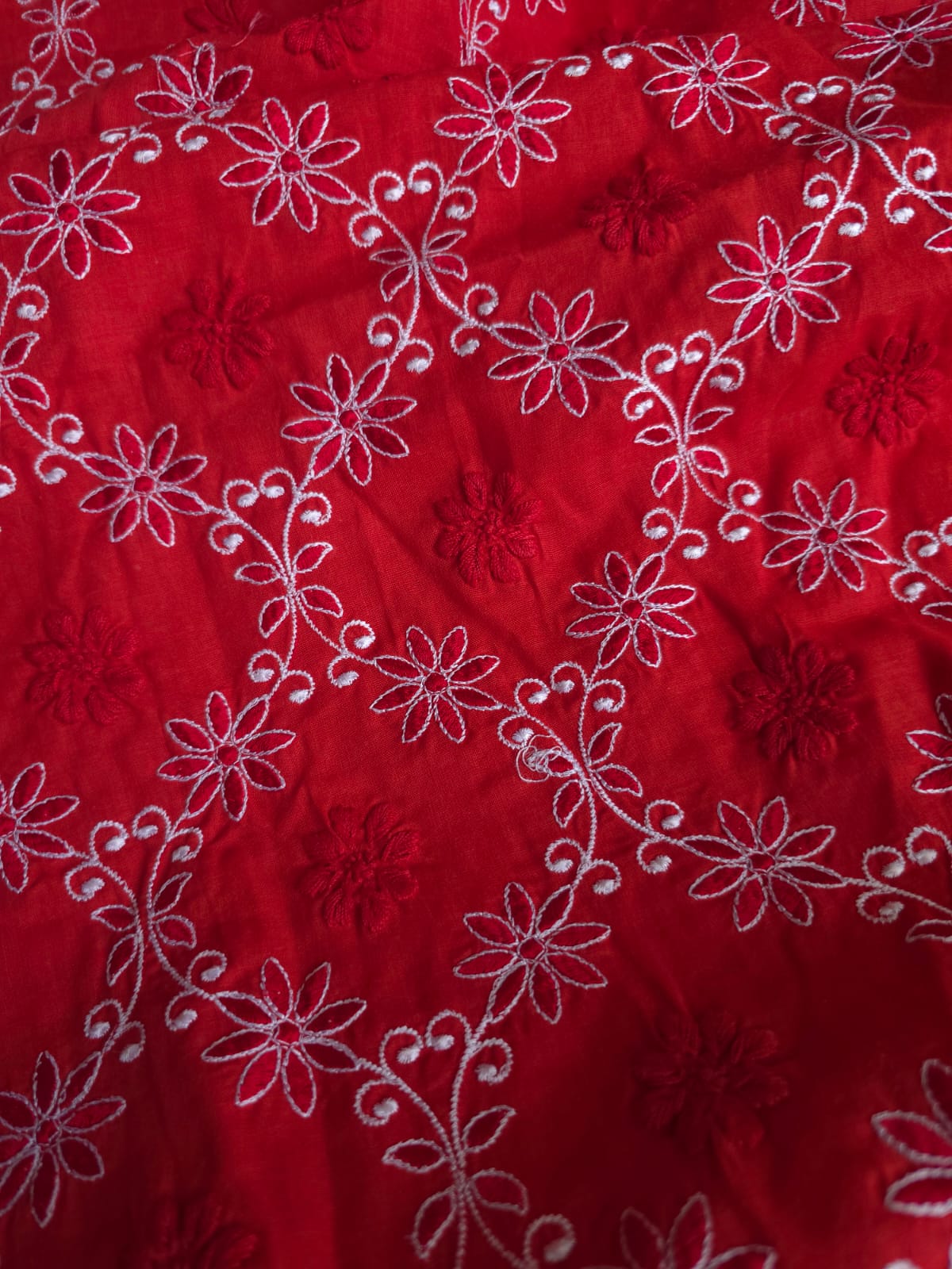 Deep Blood red cotton kurta fabric with crisscross jaalwork