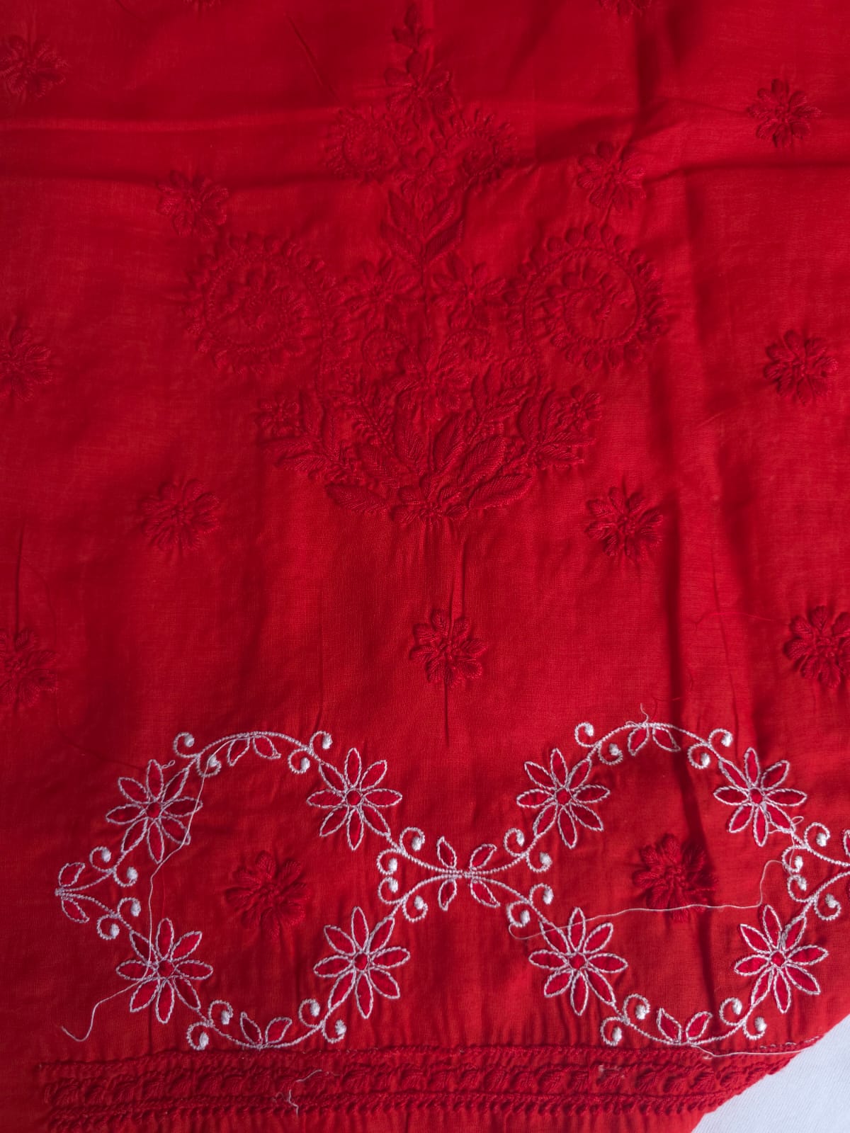 Deep Blood red cotton kurta fabric with crisscross jaalwork