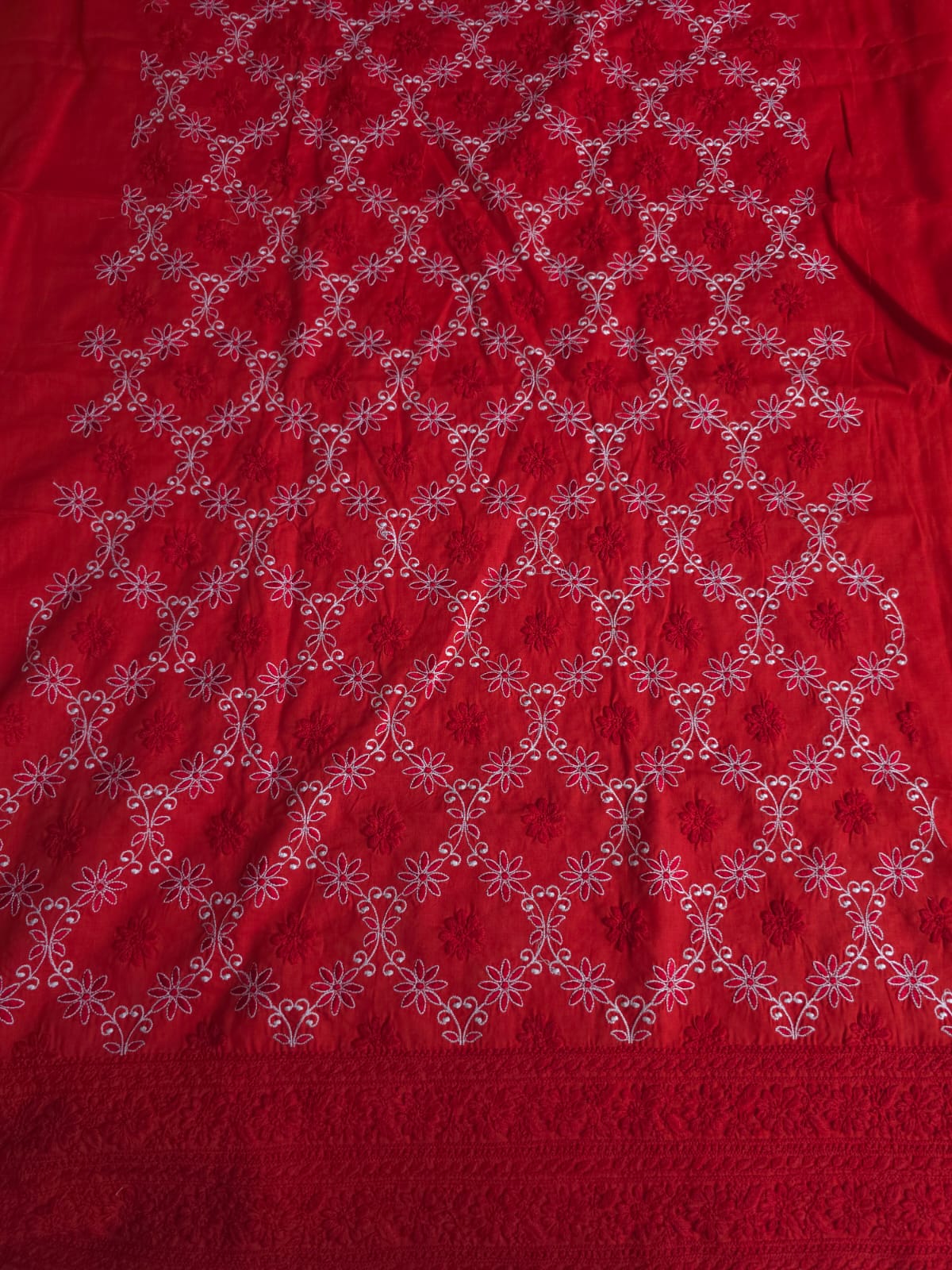 Deep Blood red cotton kurta fabric with crisscross jaalwork