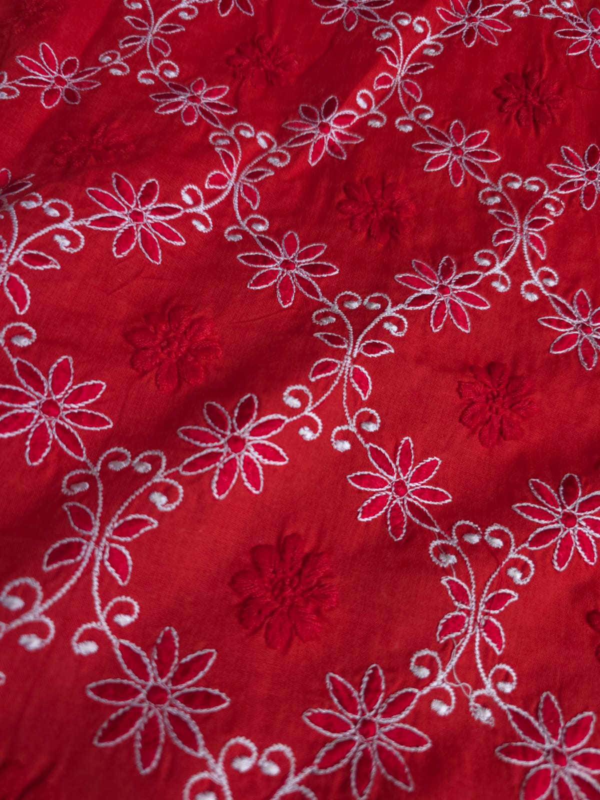 Deep Blood red cotton kurta fabric with crisscross jaalwork