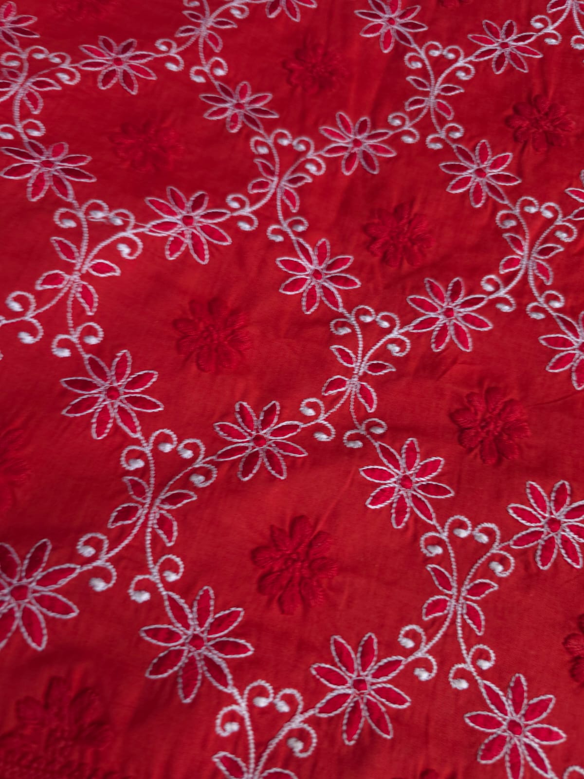 Deep Blood red cotton kurta fabric with crisscross jaalwork