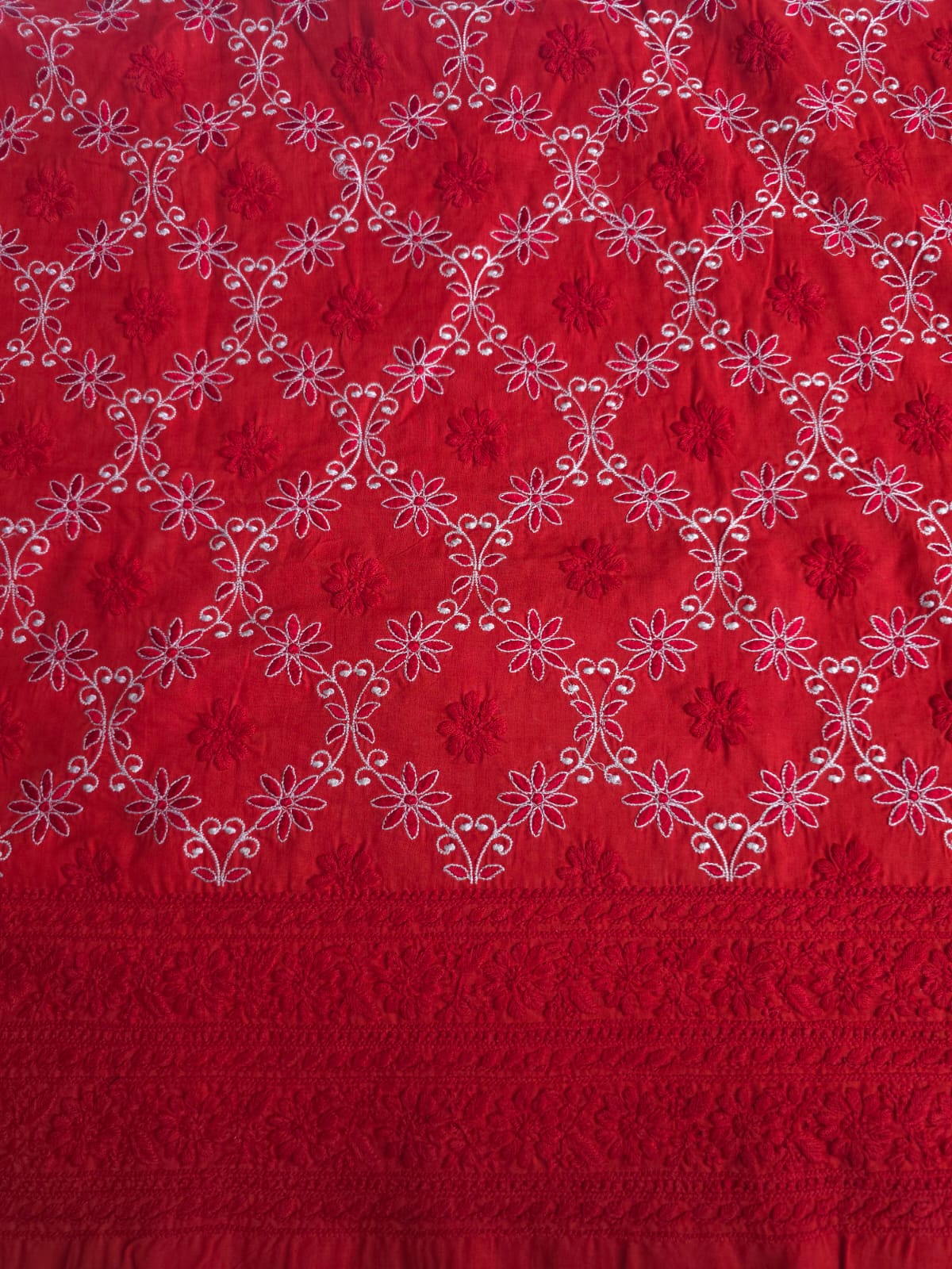 Deep Blood red cotton kurta fabric with crisscross jaalwork