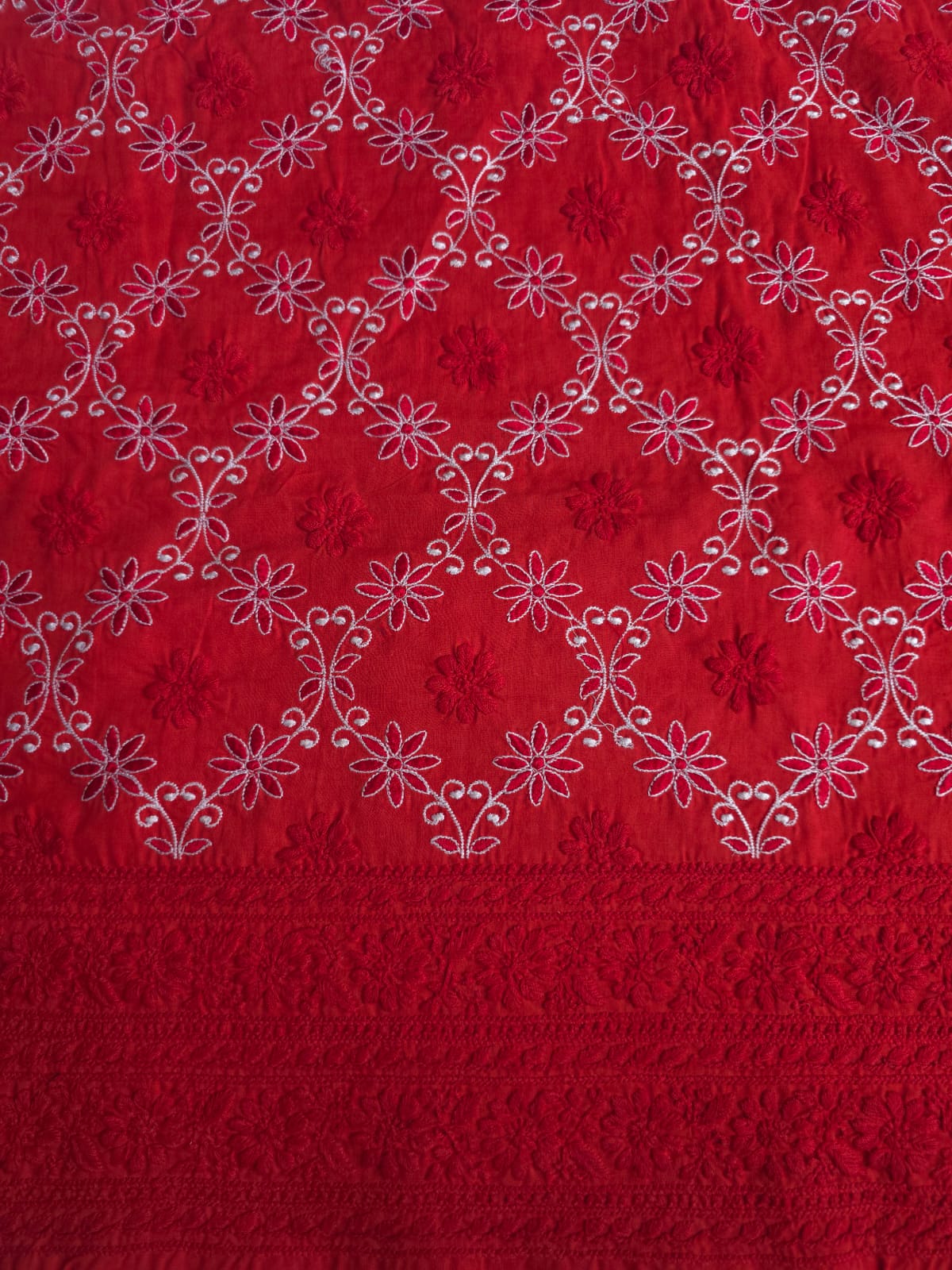 Deep Blood red cotton kurta fabric with crisscross jaalwork