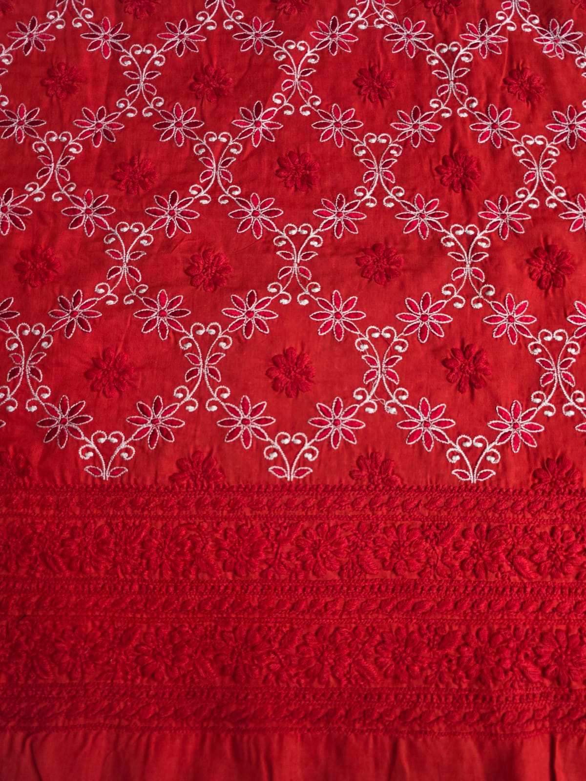 Deep Blood red cotton kurta fabric with crisscross jaalwork