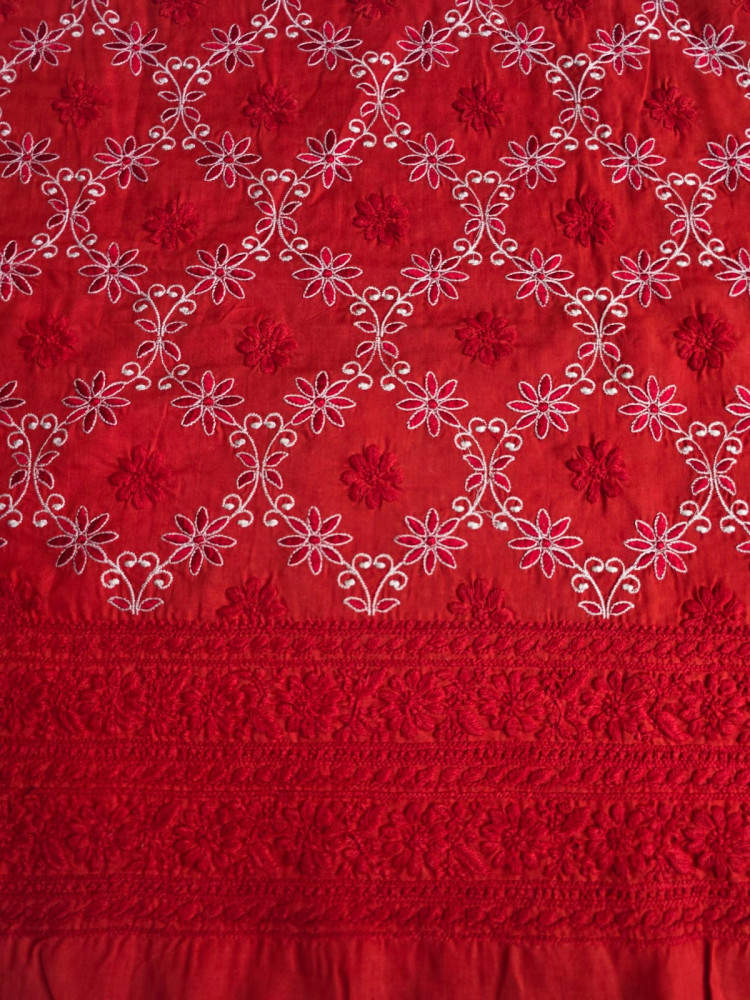 Image of Deep Blood red cotton kurta fabric with crisscross jaalwork