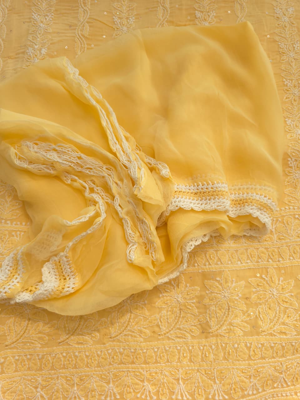 Sandalwood Yellow cotton suit with chikankari and embellishments