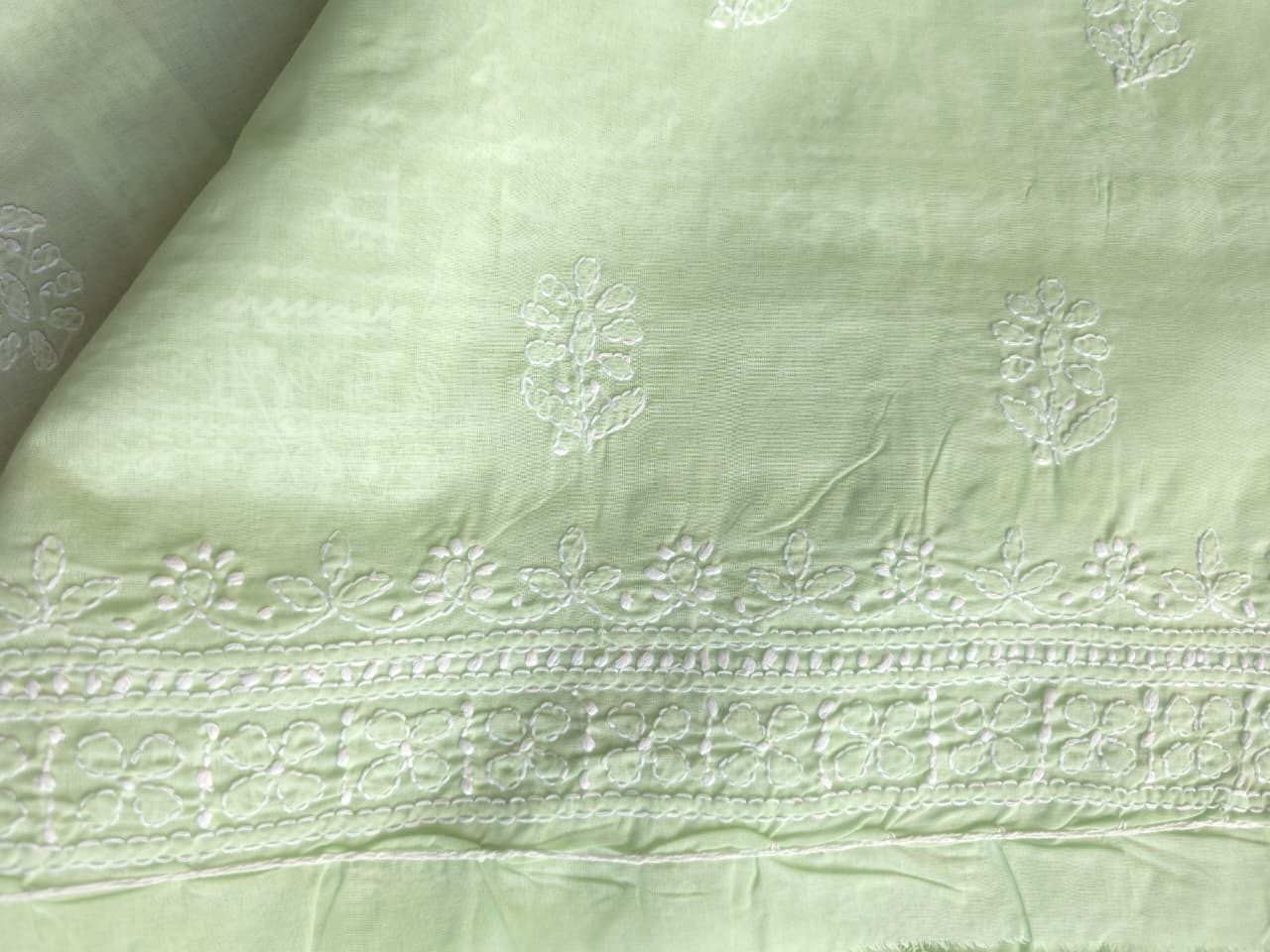 Sage green cooton suit with fine chikankari only