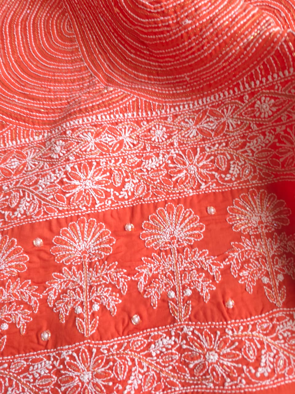 Burnt orange Cotton kurta fabric with chikankari and embellishments