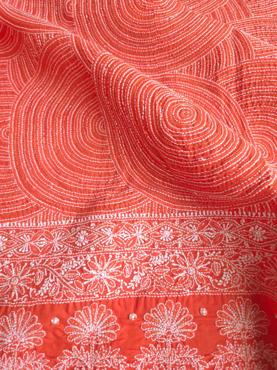 Burnt orange Cotton kurta fabric with chikankari and embellishments