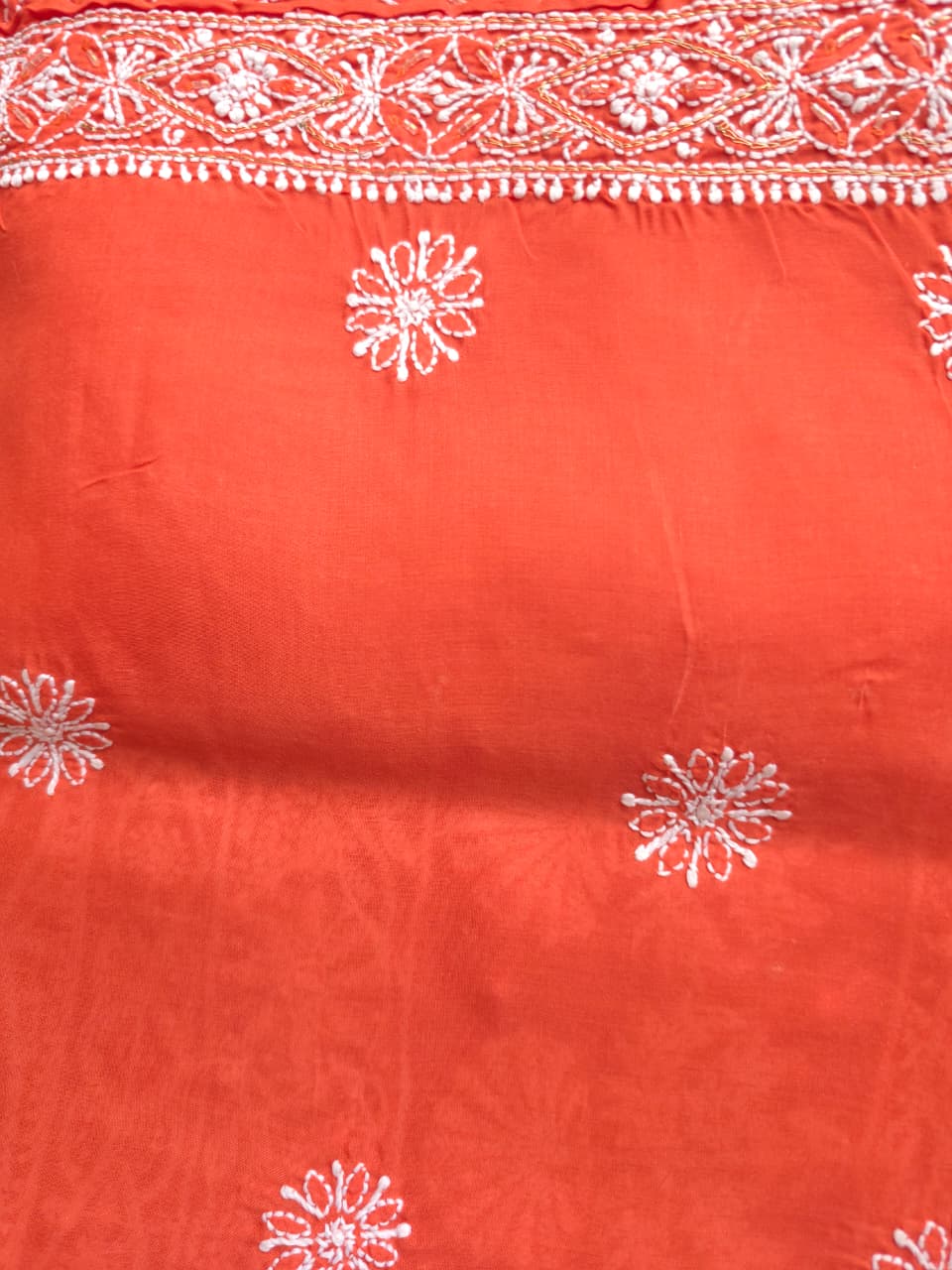 Burnt orange Cotton kurta fabric with chikankari and embellishments