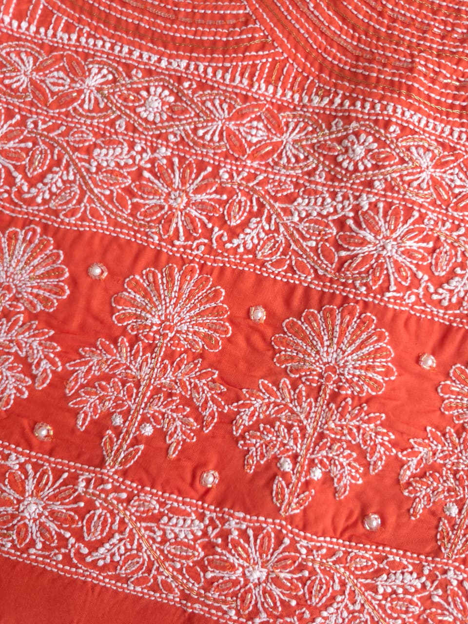 Burnt orange Cotton kurta fabric with chikankari and embellishments