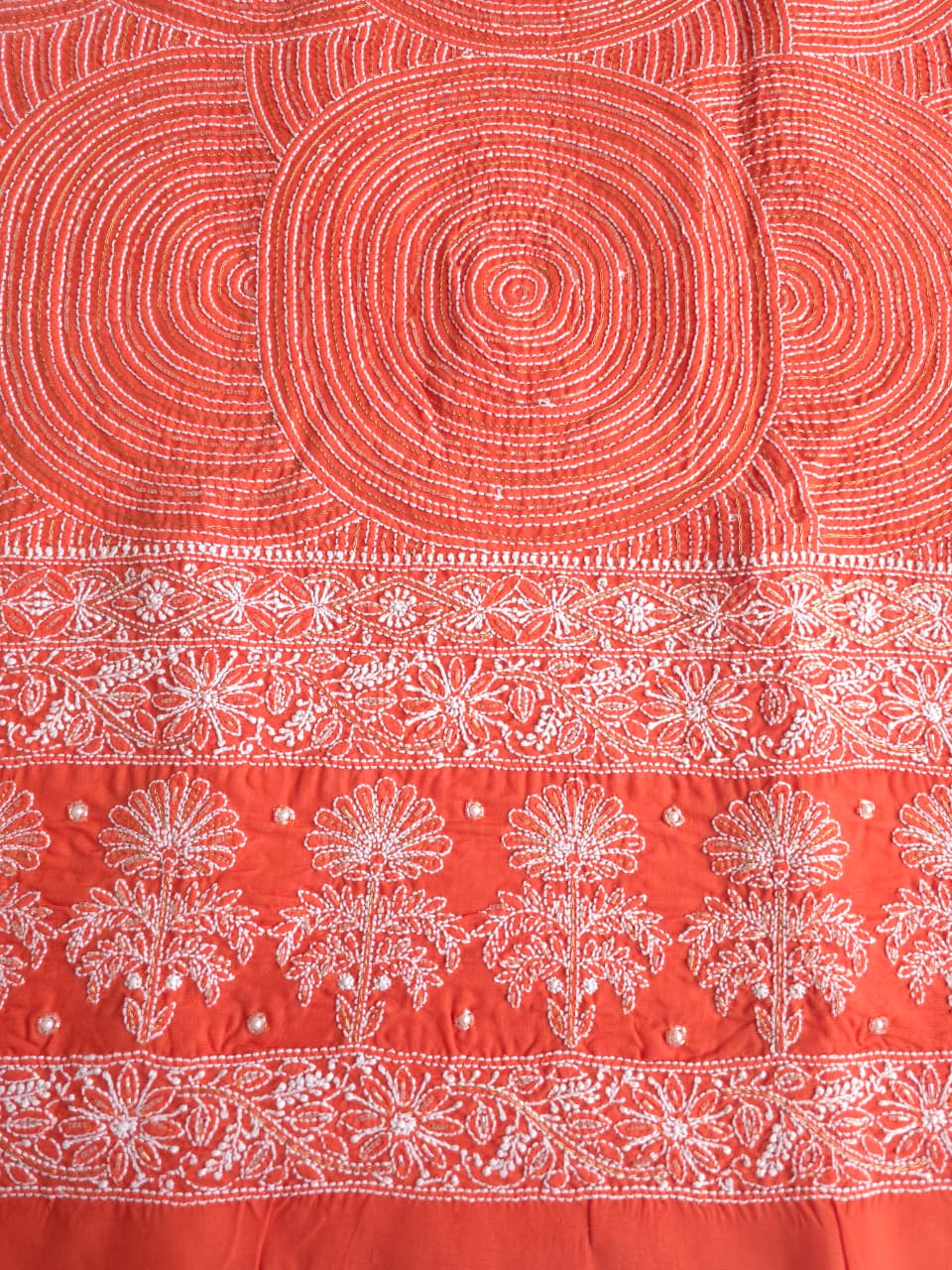Burnt orange Cotton kurta fabric with chikankari and embellishments