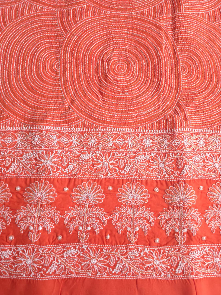 Image of Burnt orange Cotton kurta fabric with chikankari and embellishments