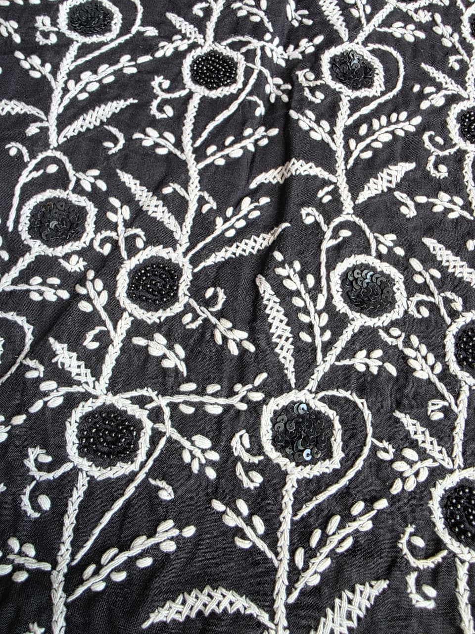 Black cotton kurta fabric with white chikankari and embellishments