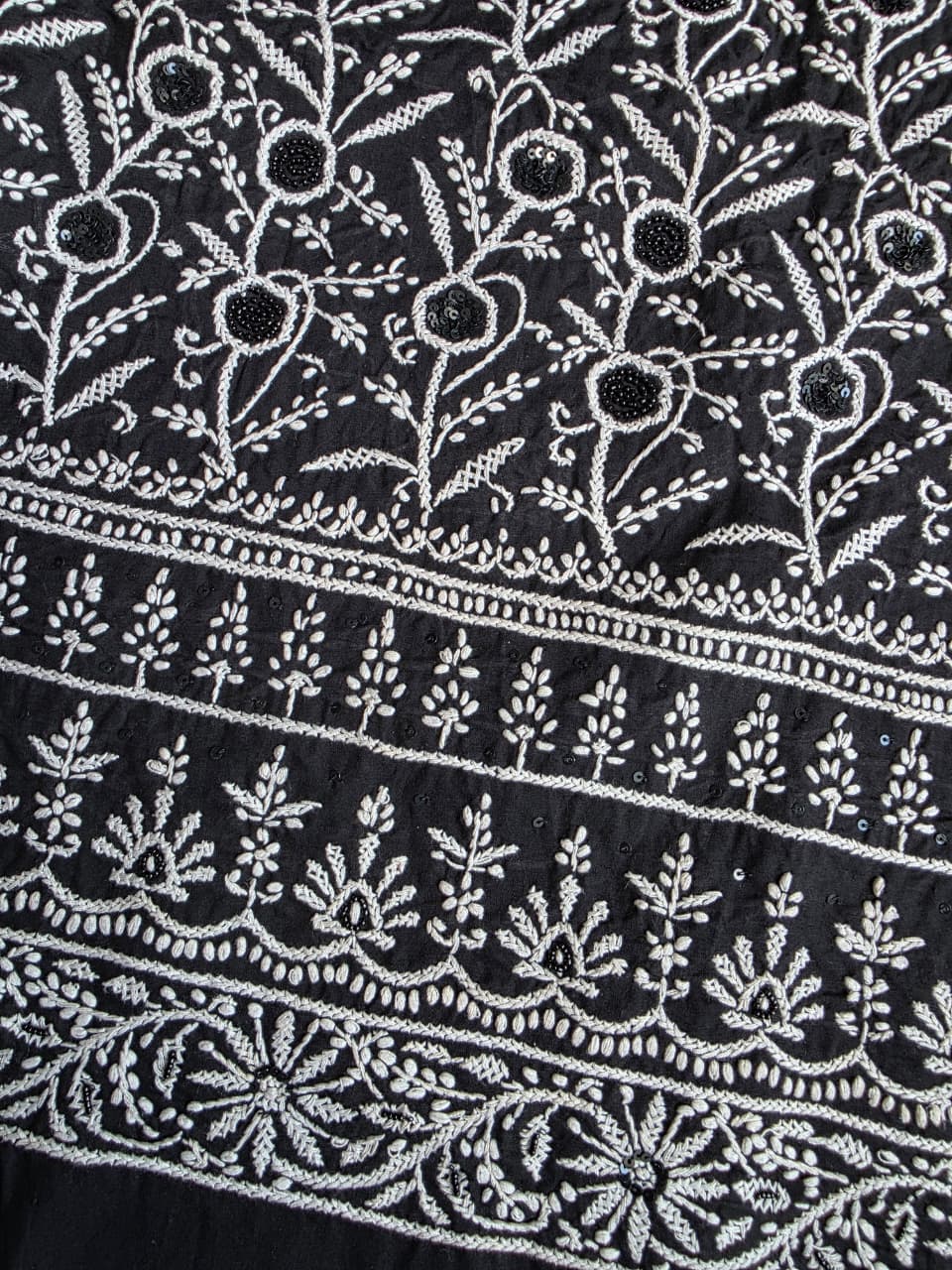 Black cotton kurta fabric with white chikankari and embellishments