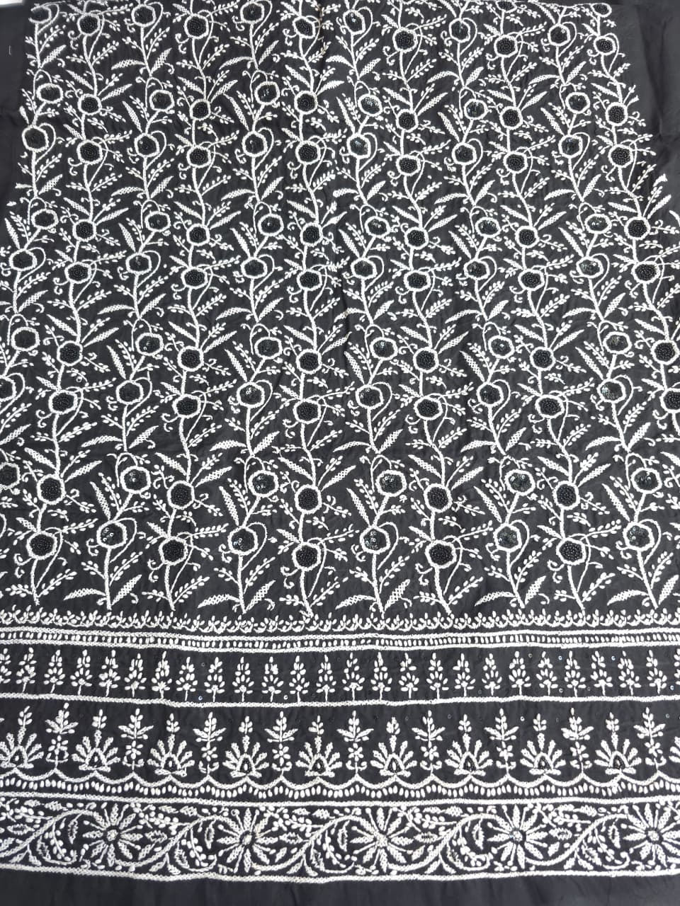 Black cotton kurta fabric with white chikankari and embellishments