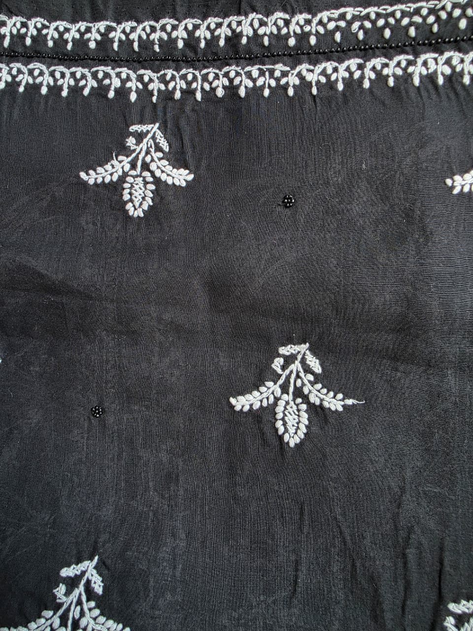 Black cotton kurta fabric with white chikankari and embellishments