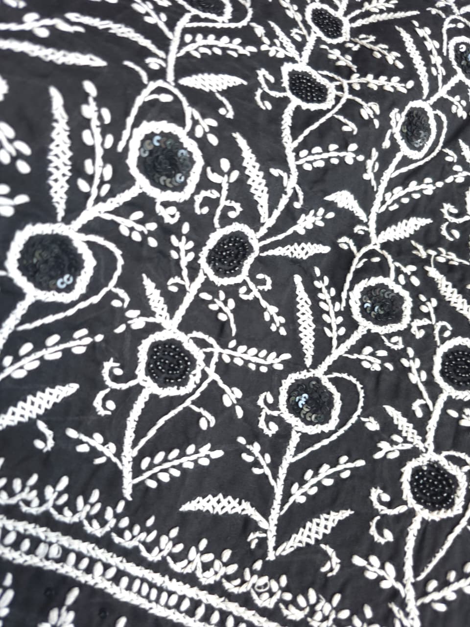 Black cotton kurta fabric with white chikankari and embellishments