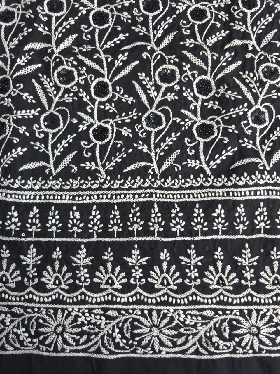 Black cotton kurta fabric with white chikankari and embellishments