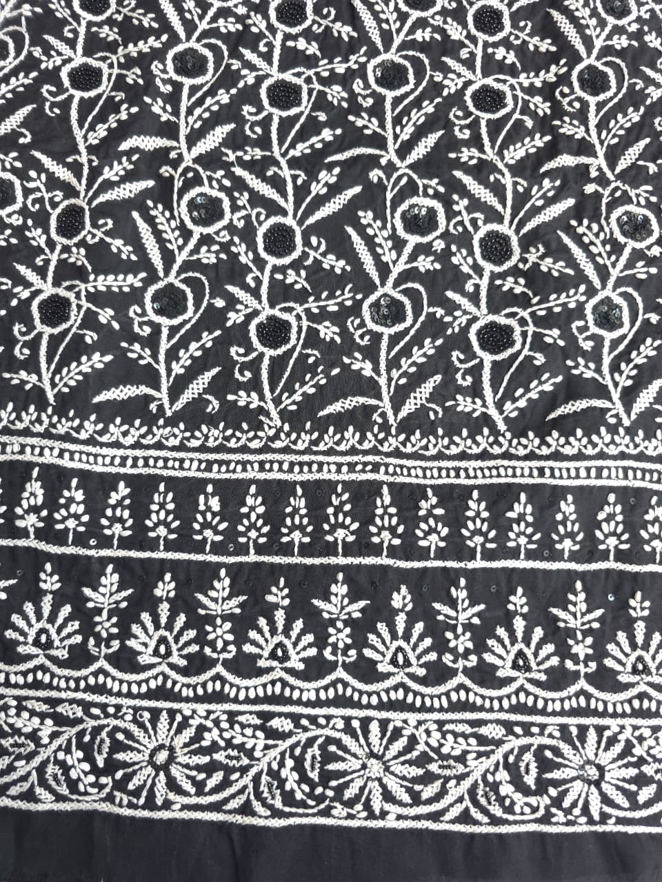 Black cotton kurta fabric with white chikankari and embellishments