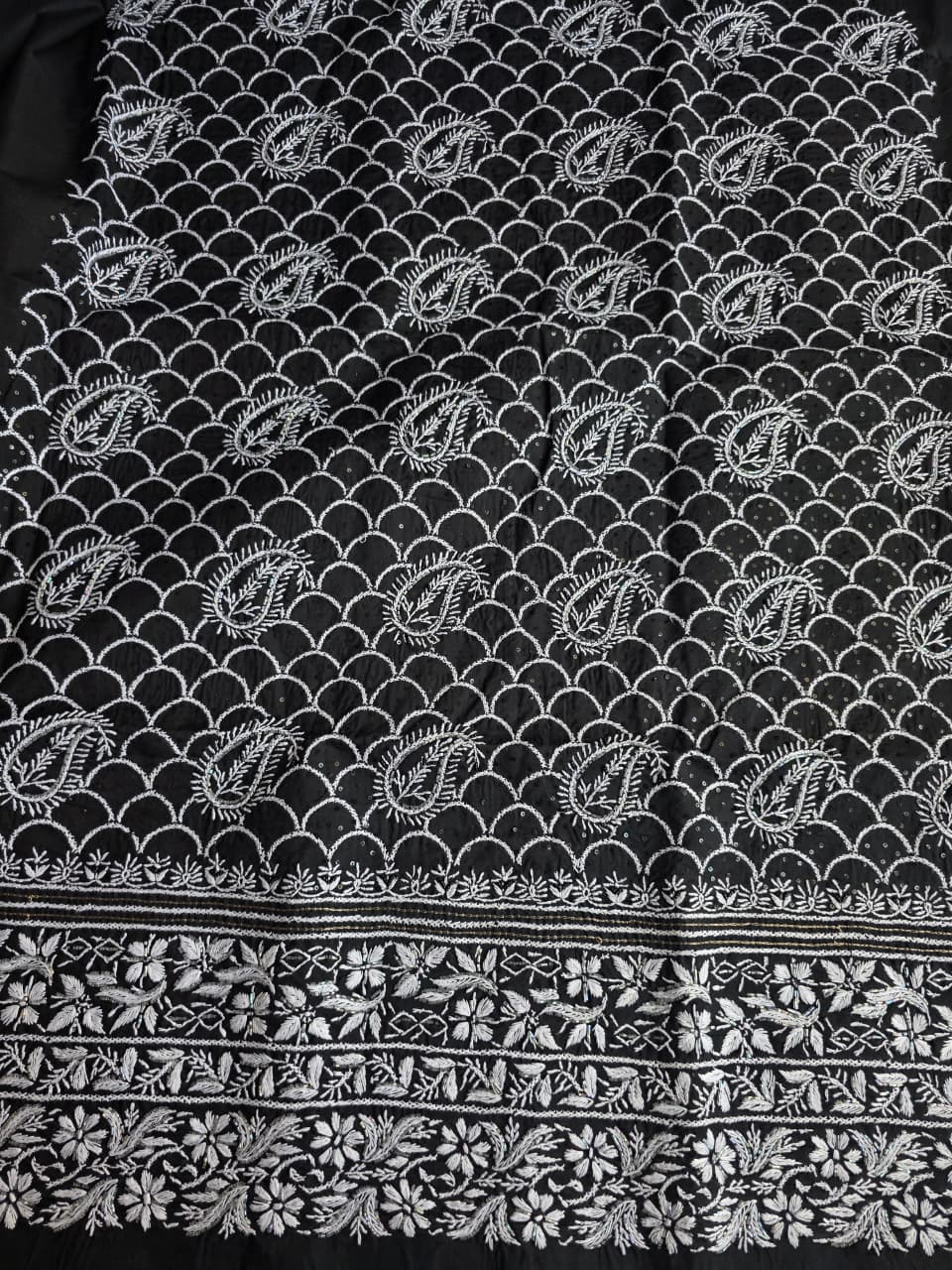 Black cotton kurta fabric with white cihikankari and embellishments