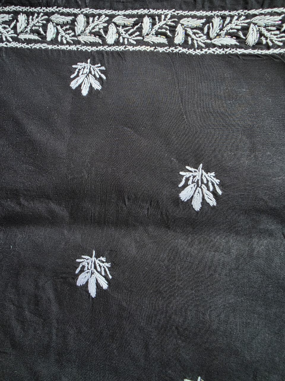 Black cotton kurta fabric with white cihikankari and embellishments