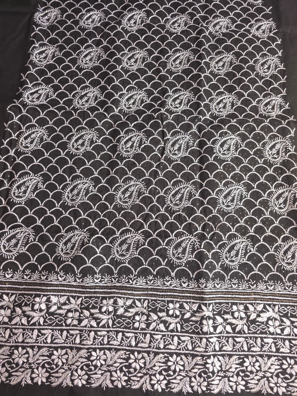 Black cotton kurta fabric with white cihikankari and embellishments