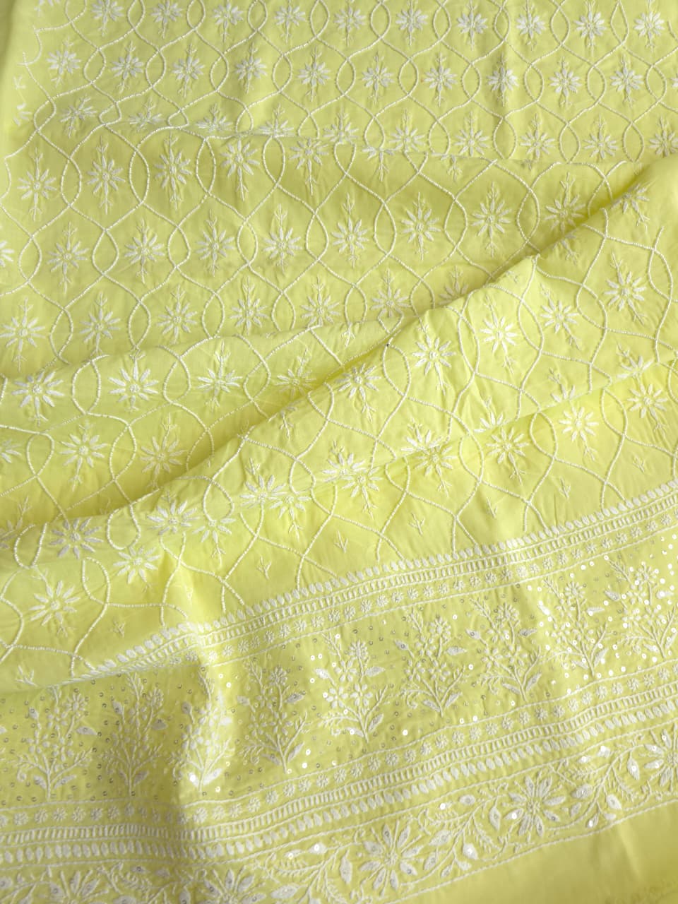 Lemon Cotton kurta fabric with chikankari and pearl work