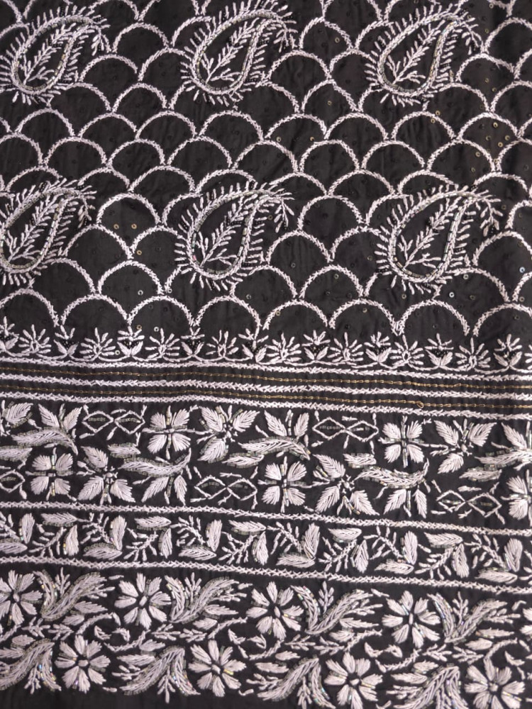Image of Black cotton kurta fabric with white ci=hikankari and embellishments