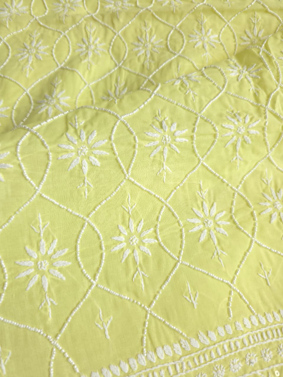 Lemon Cotton kurta fabric with chikankari and pearl work