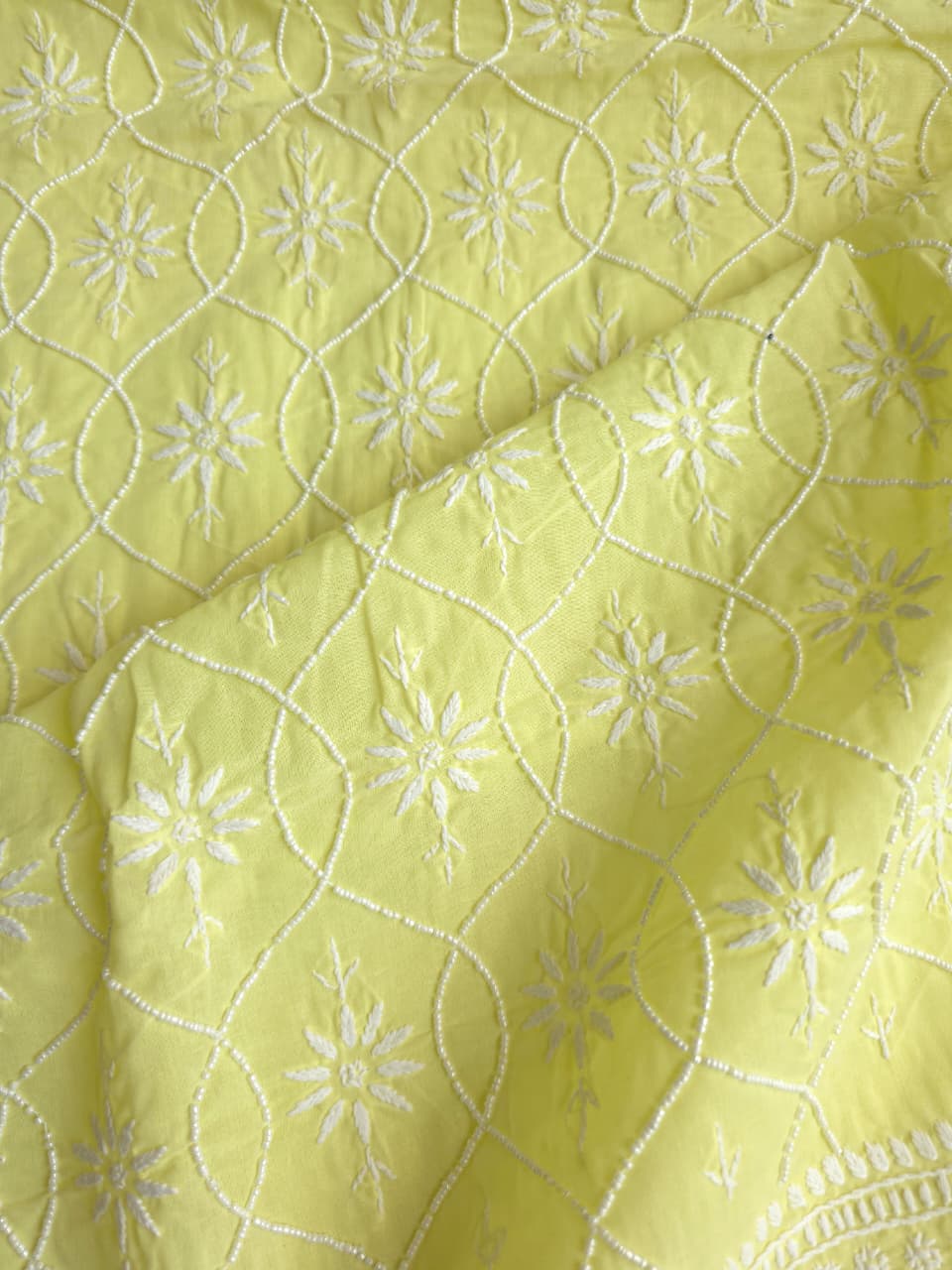 Lemon Cotton kurta fabric with chikankari and pearl work