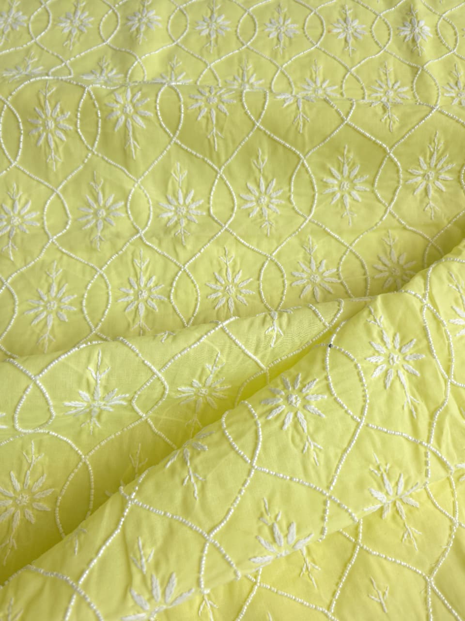 Lemon Cotton kurta fabric with chikankari and pearl work
