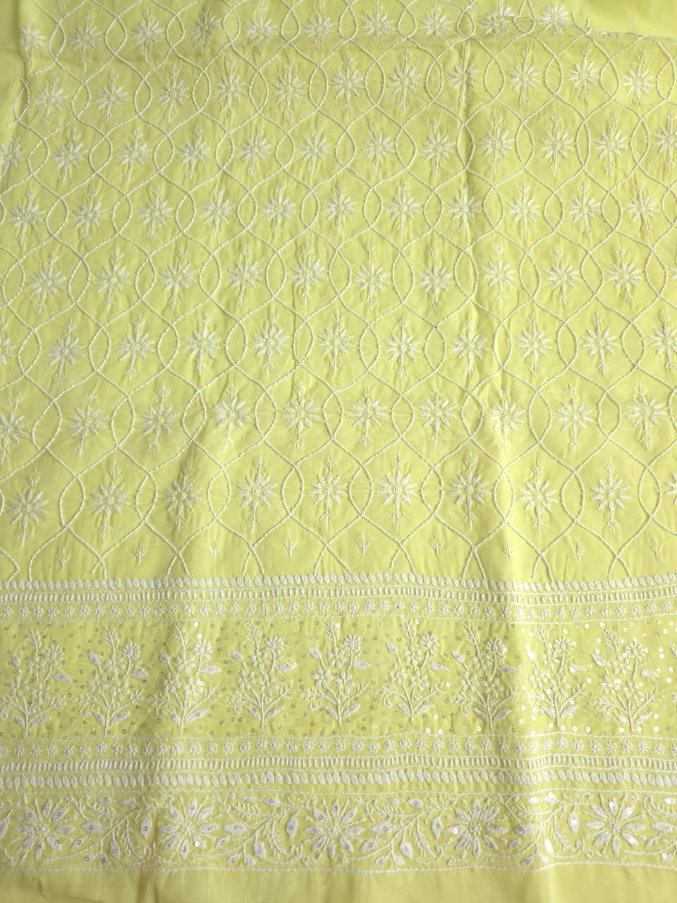 Lemon Cotton kurta fabric with chikankari and pearl work