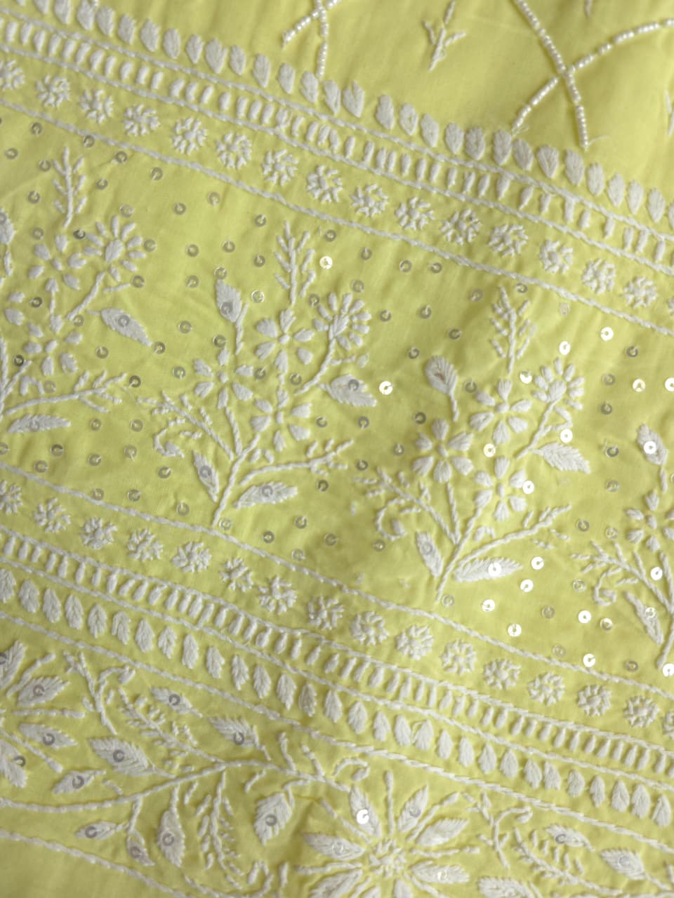 Lemon Cotton kurta fabric with chikankari and pearl work