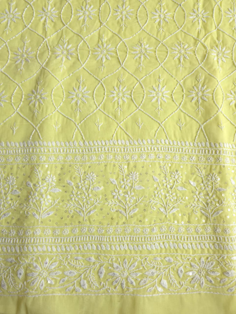 Image of Lemon Cotton kurta fabric with chikankari and pearl work
