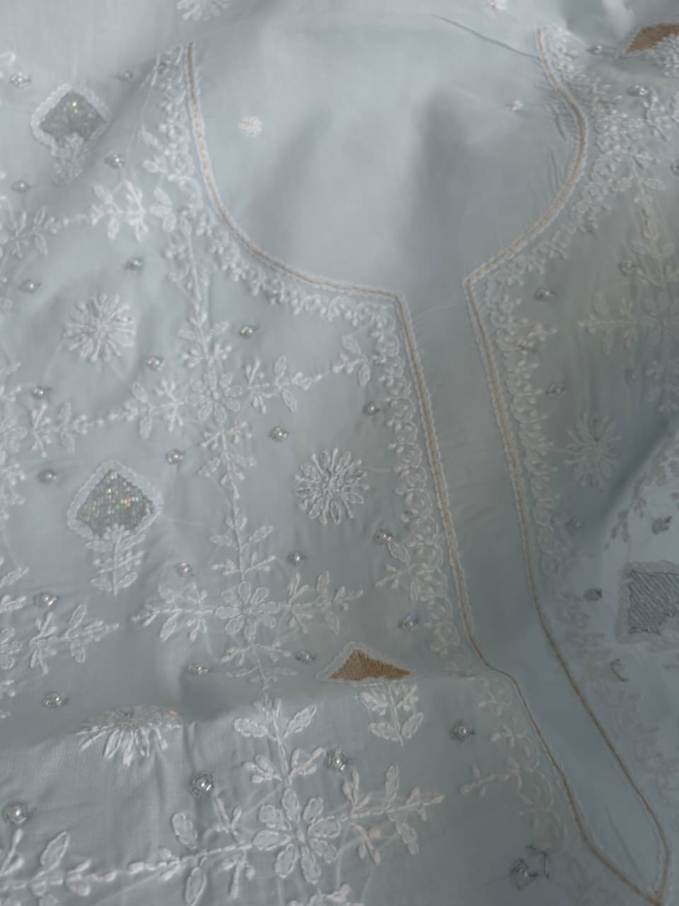 Powder Blue cotton kurta fabric with chikankari and kasab work
