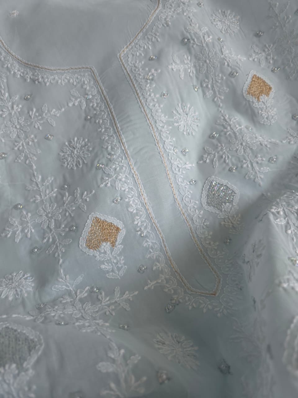 Powder Blue cotton kurta fabric with chikankari and kasab work