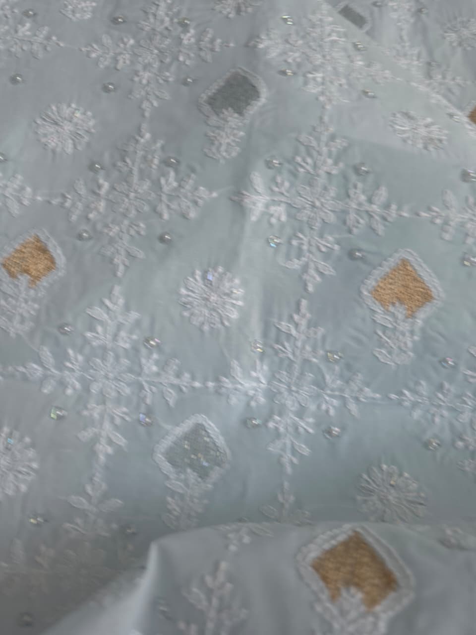 Powder Blue cotton kurta fabric with chikankari and kasab work