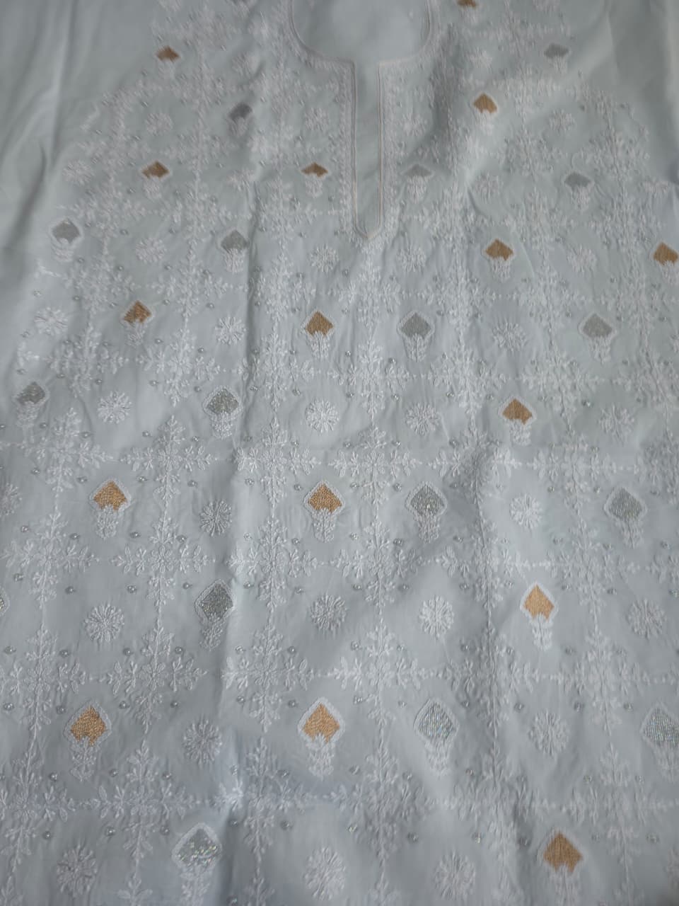 Powder Blue cotton kurta fabric with chikankari and kasab work