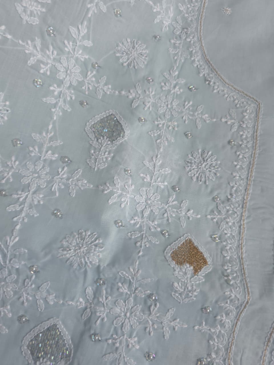 Powder Blue cotton kurta fabric with chikankari and kasab work