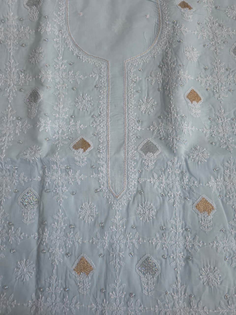Powder Blue cotton kurta fabric with chikankari and kasab work
