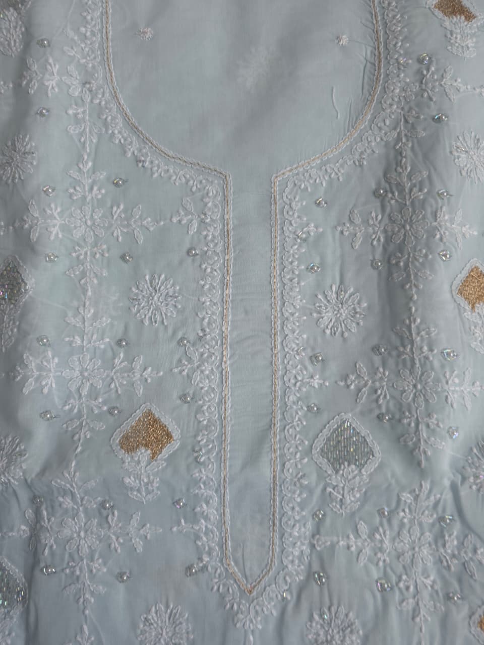 Powder Blue cotton kurta fabric with chikankari and kasab work