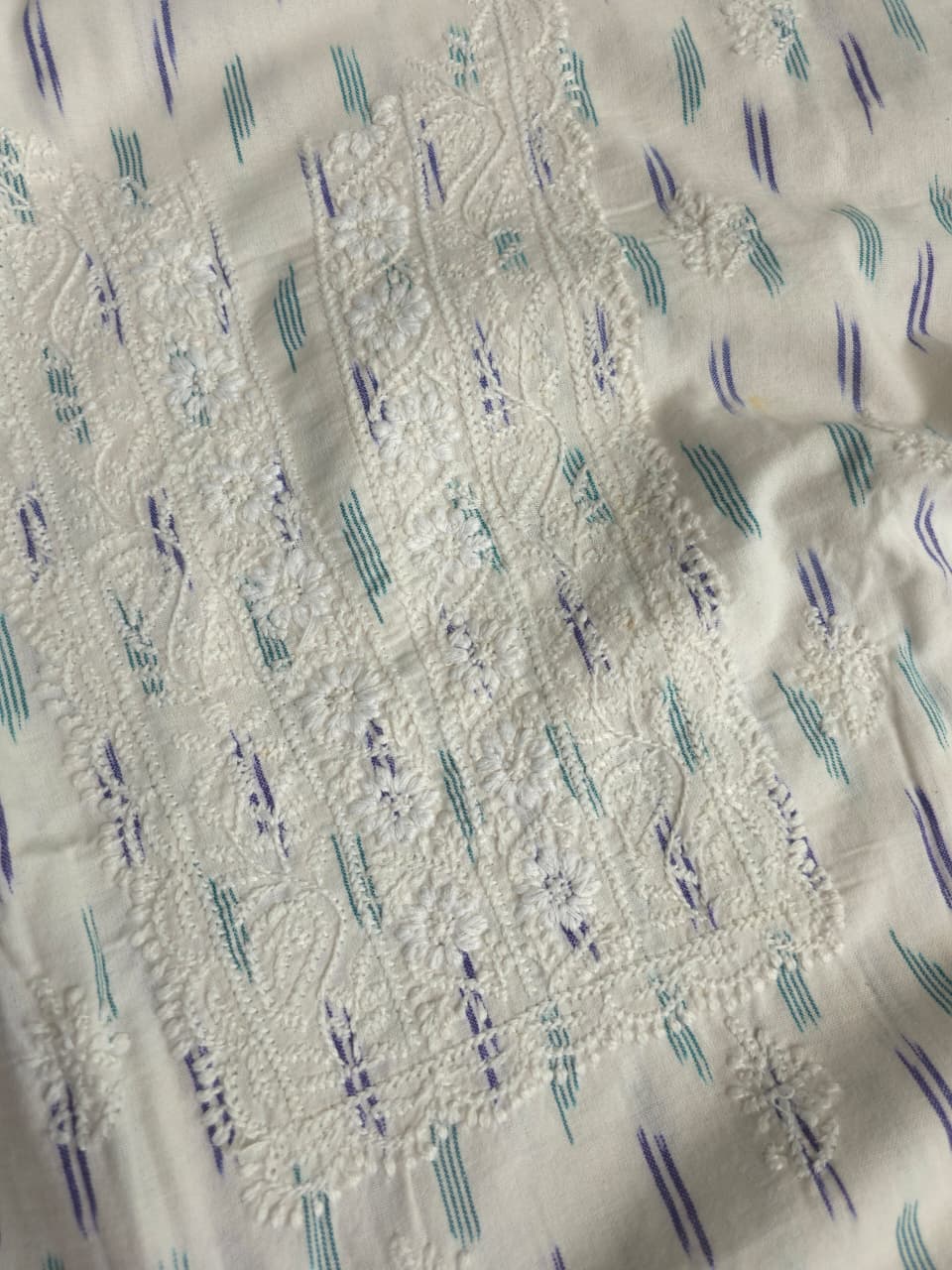 Pure Ikat cotton Kurta fabric with beautiful chikankari