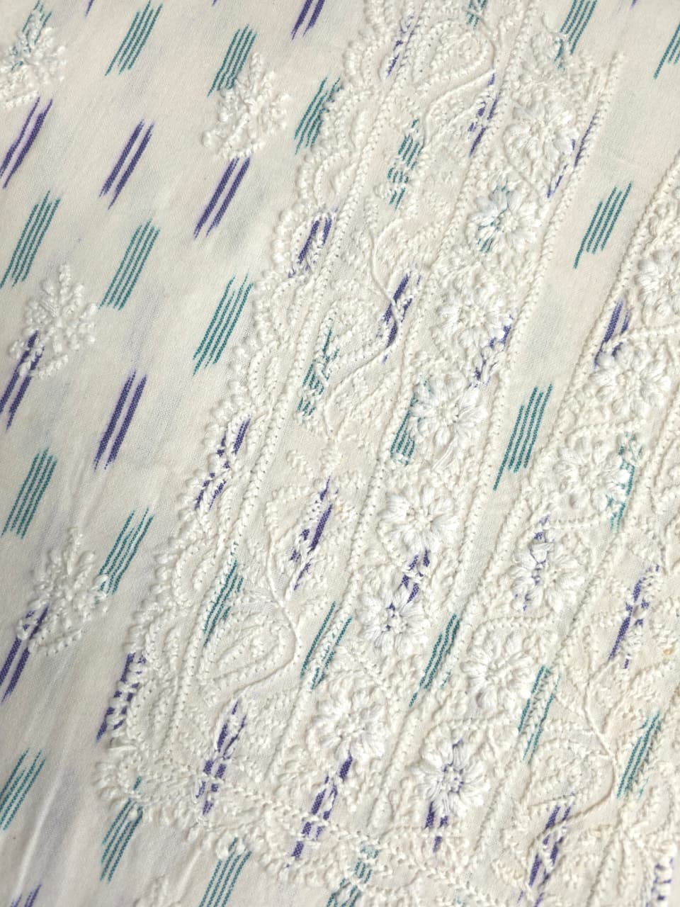 Pure Ikat cotton Kurta fabric with beautiful chikankari