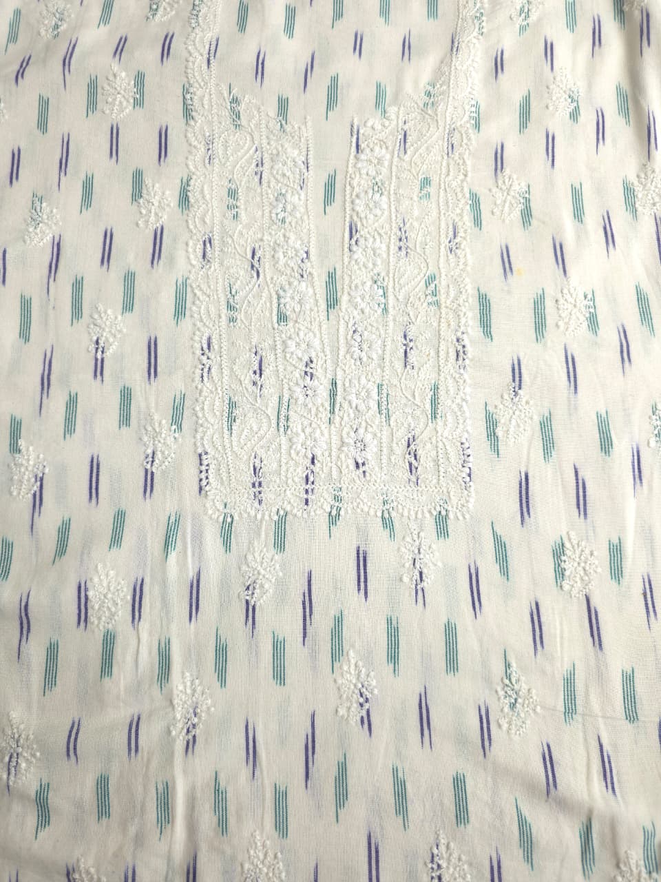 Pure Ikat cotton Kurta fabric with beautiful chikankari