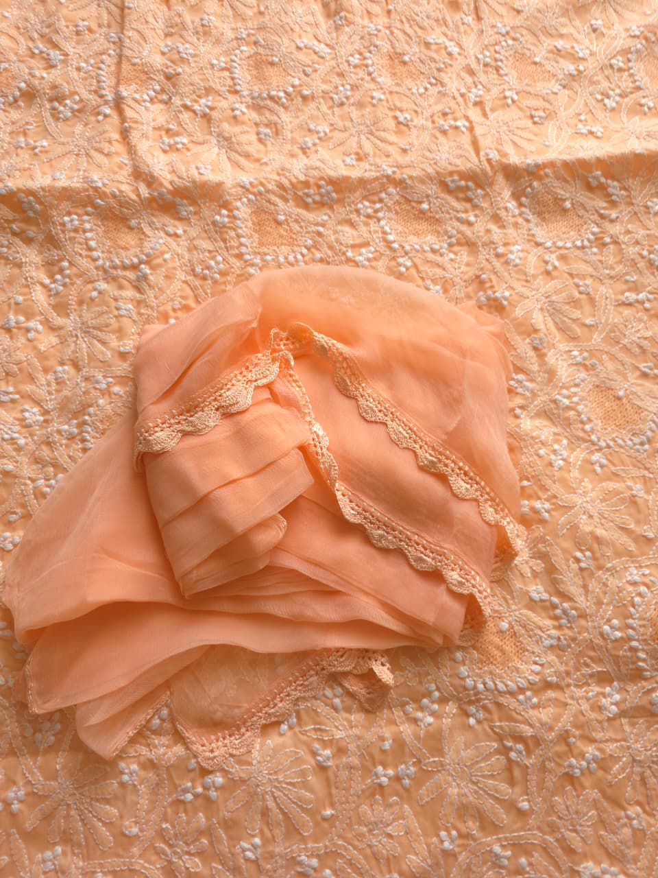 Peach cotton suit with fine handwork and jaaliwork