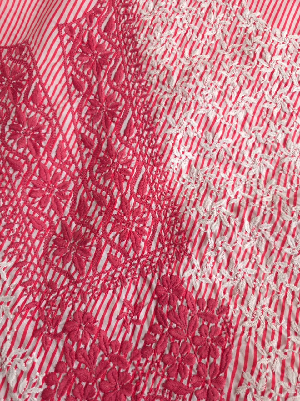 Carrot color cotton leheriya kurta fabric with jaalwork