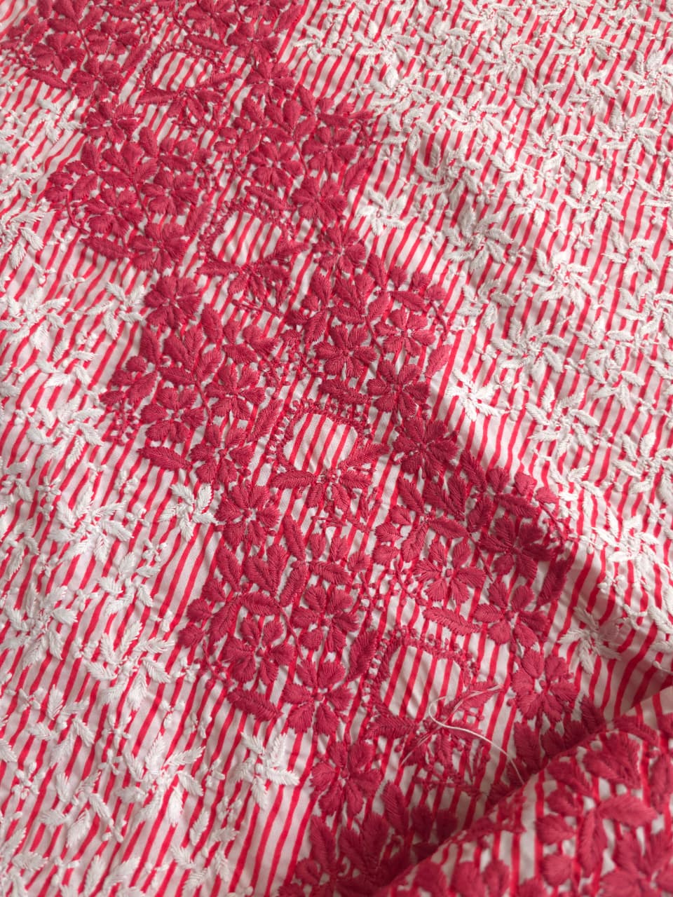 Carrot color cotton leheriya kurta fabric with jaalwork